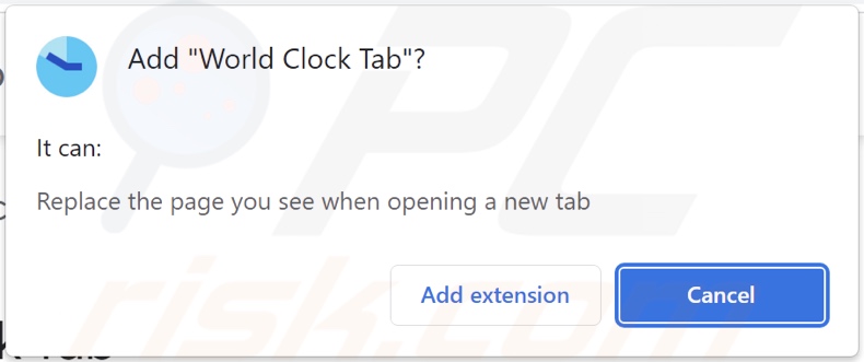 World Clock Tab browser hijacker asking for permissions