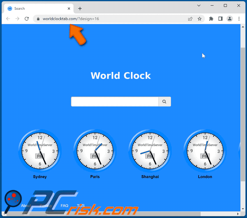 World Clock Tab browser hijacker redirecting to Bing (GIF)