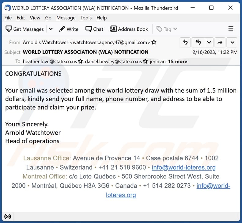 World Lottery email spam campaign