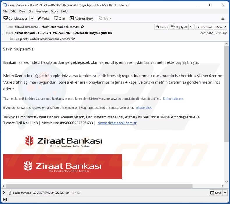 Ziraat Bankasi email malspam