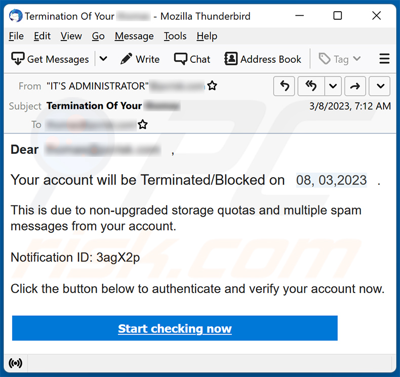 Your account will be Terminated/Blocked email scam