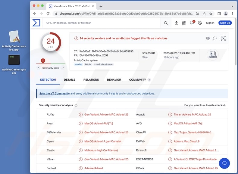 ActivityCache adware detections on VirusTotal