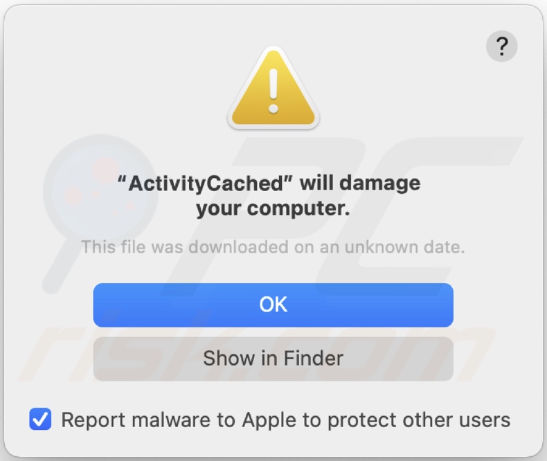 Pop-up displayed when ActivityCache adware is detected on the system