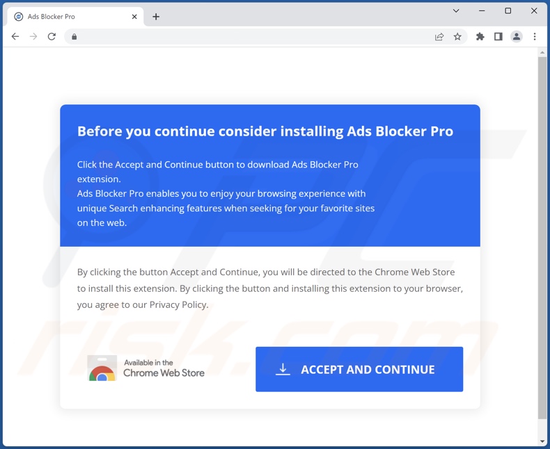 Deceptive website promoting Ads Blocker Pro adware