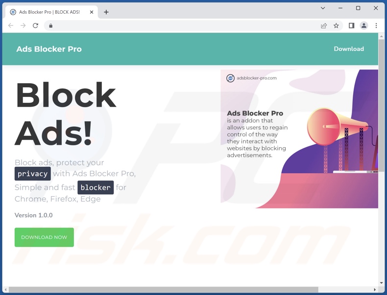 Website promoting Ads Blocker Pro adware