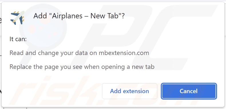 Airplanes - New Tab browser hijacker asking for permissions