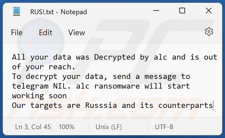 ALC ransomware text file (RUS!.txt)