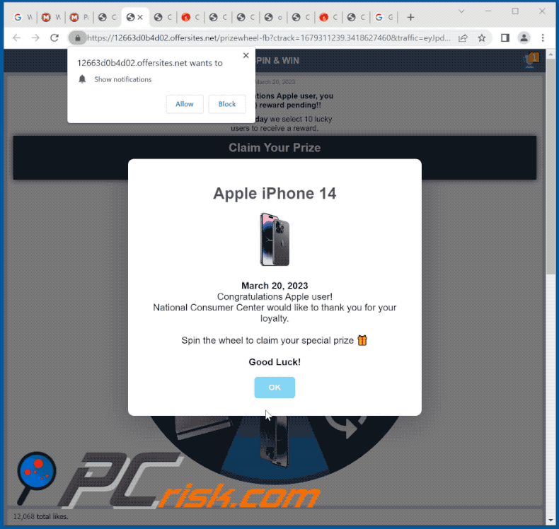 Appearance of Apple iPhone 14 Winner scam (GIF)
