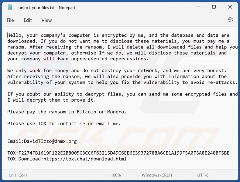 Basn ransomware ransom note (unlock your files.txt)