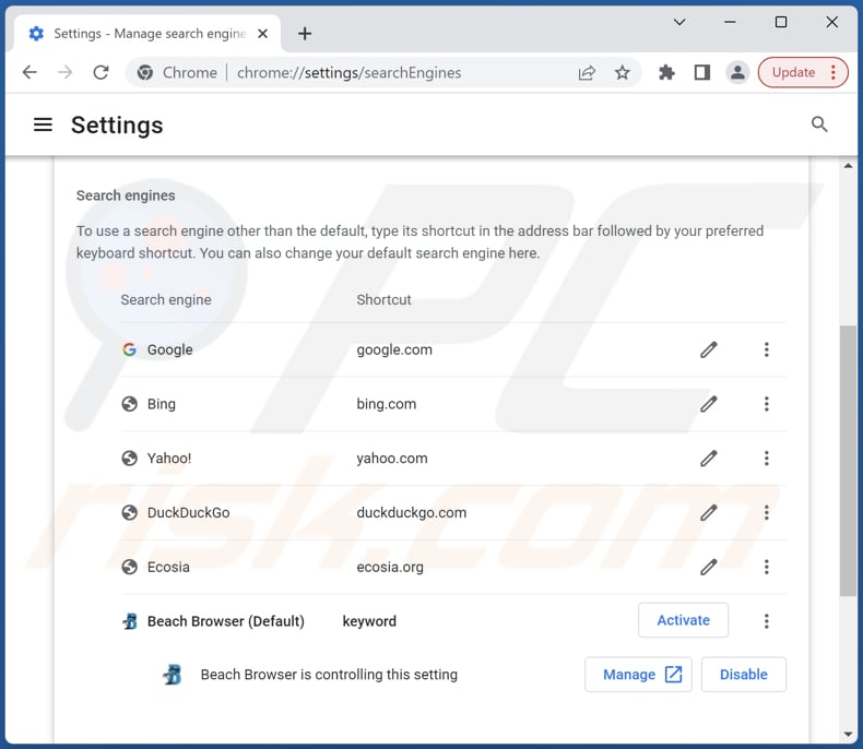 Removing search.beach-browser.com from Google Chrome default search engine