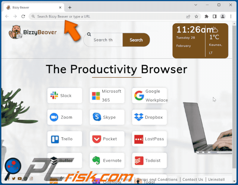 Bizzy Beaver browser hijacker redirecting to Bing (GIF)