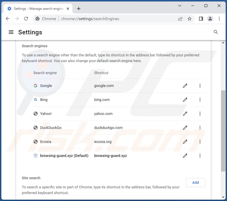 Removing browsing-guard.xyz from Google Chrome default search engine