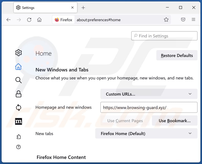 Removing browsing-guard.xyz from Mozilla Firefox homepage