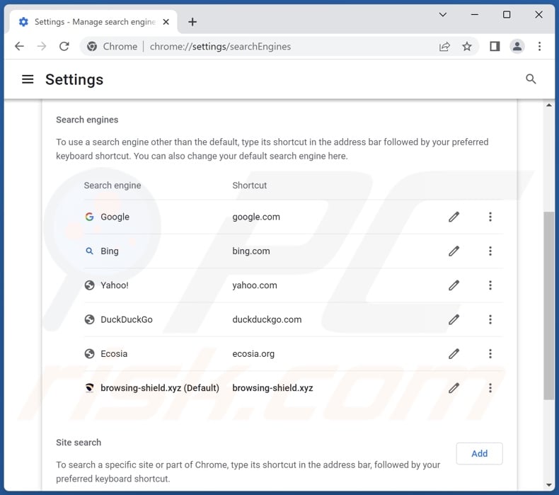 Removing browsing-shield.xyz from Google Chrome default search engine