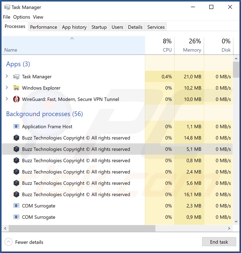 Buzz adware process on Task Manager (Buzz Technologies Copyright (c) All rights reserved - process name)