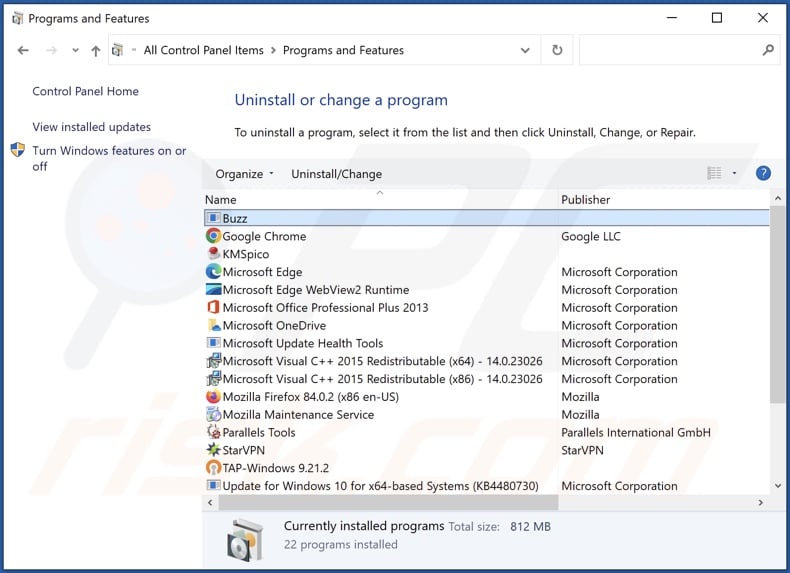 Buzz adware uninstall via Control Panel