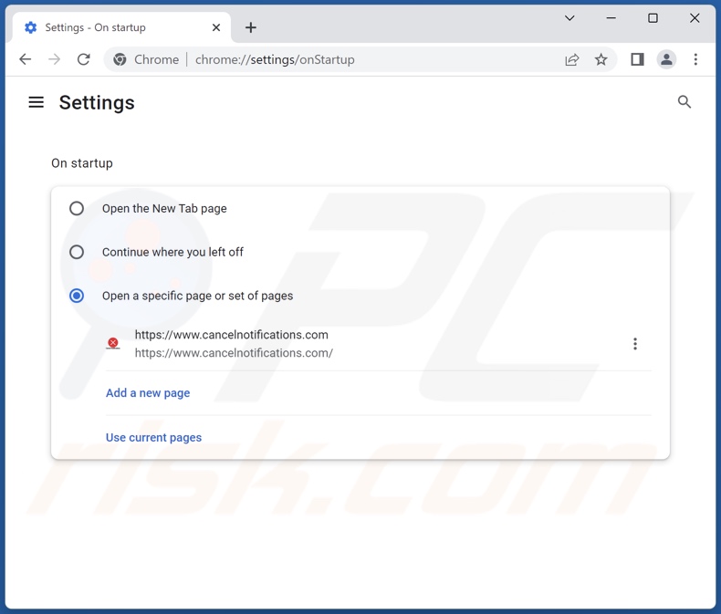 Removing cancelnotifications.com from Google Chrome homepage