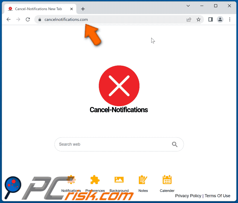 cancelnotifications.com redirecting to Bing (GIF)
