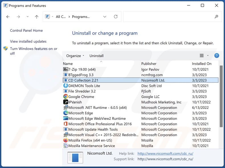 CD Collection uninstall via Control Panel