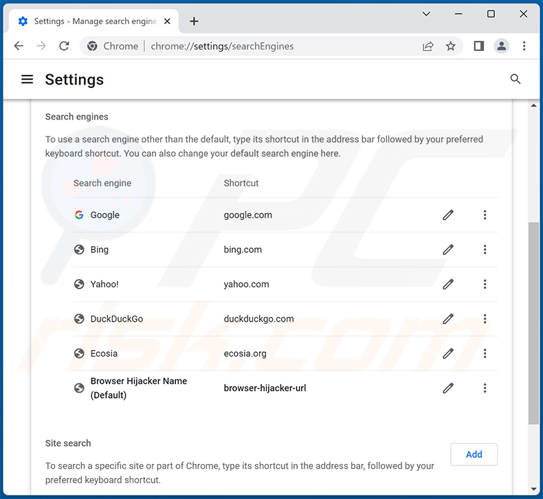 Removing browser hijacker from Google Chrome default search engine