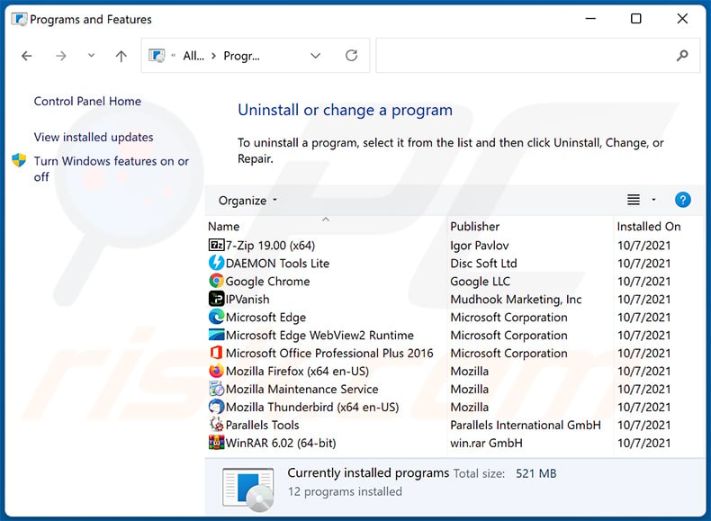 browser hijacker removal via Control Panel