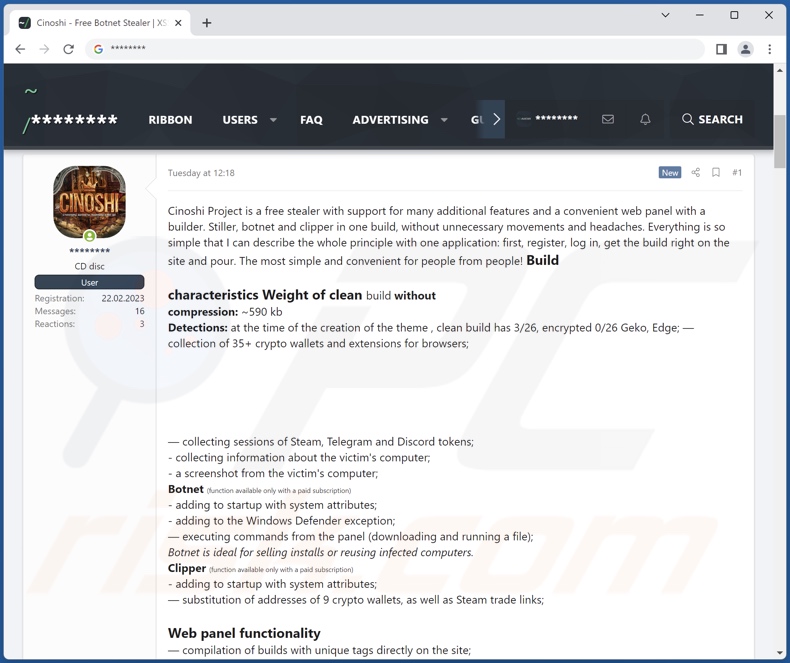 Cinoshi stealer malware promoted online