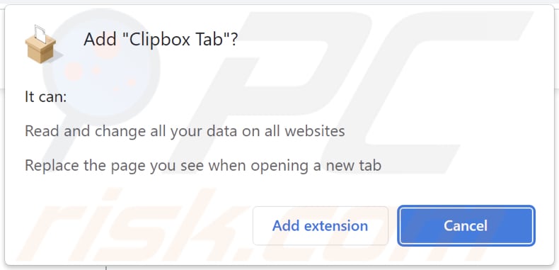 Clipbox Tab browser hijacker asking for permissions