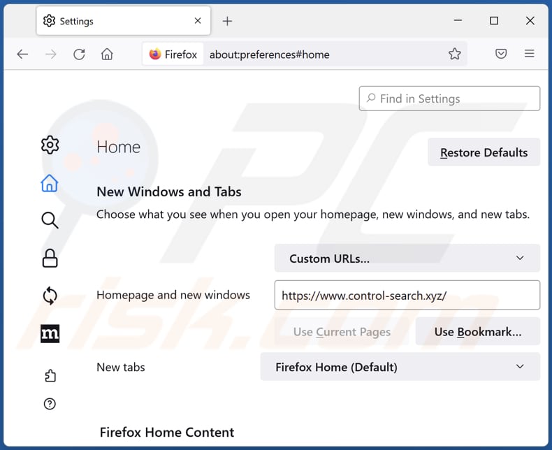Removing control-search.xyz from Mozilla Firefox homepage