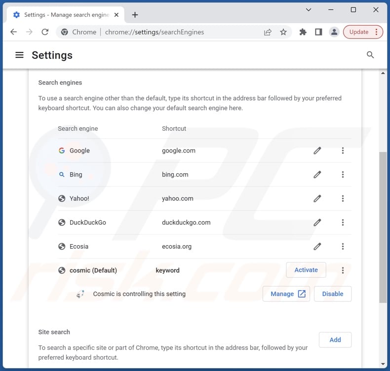 Removing search.cosmic-tab.com from Google Chrome default search engine