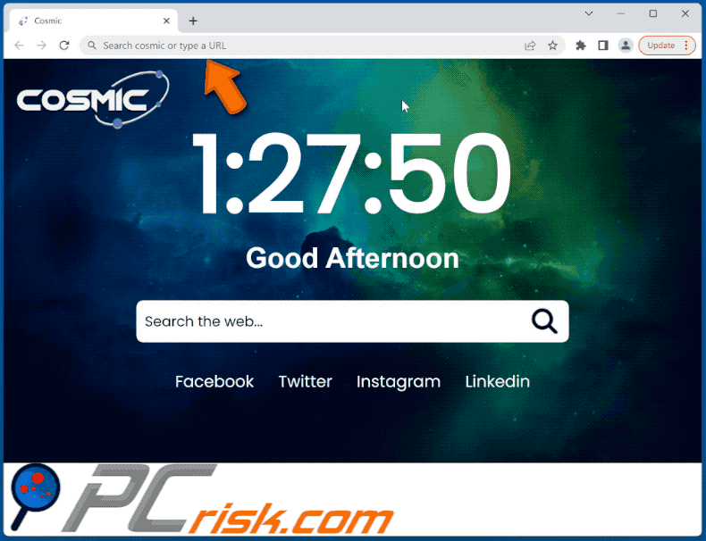Cosmic browser hijacker redirecting to Bing (GIF)