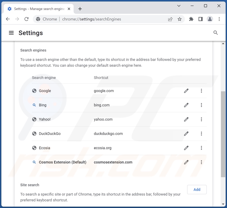 Removing cosmosextension.com from Google Chrome default search engine