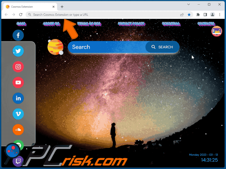 Cosmos Extension browser hijacker redirecting to Bing (GIF)