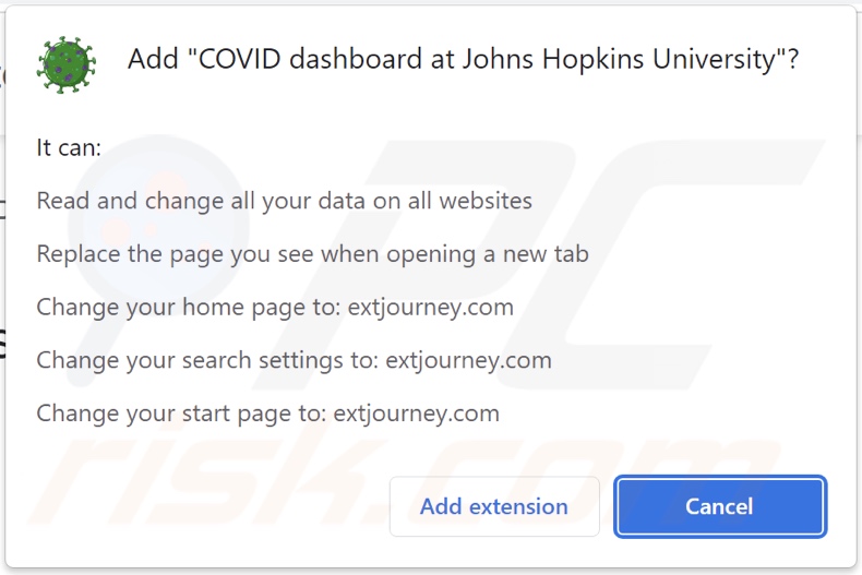 COVID Dashboard browser hijacker asking for permissions