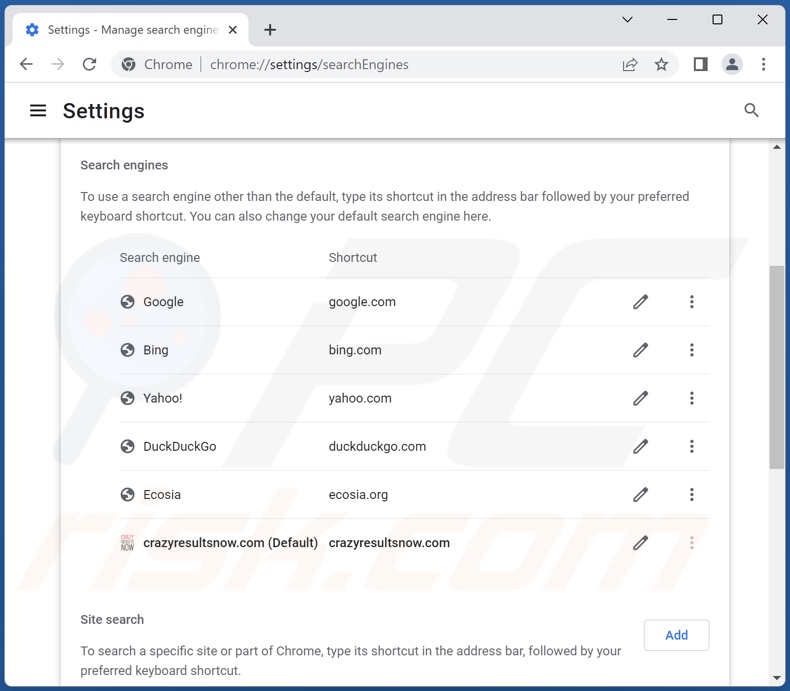 Removing crazyresultsnow.com from Google Chrome default search engine