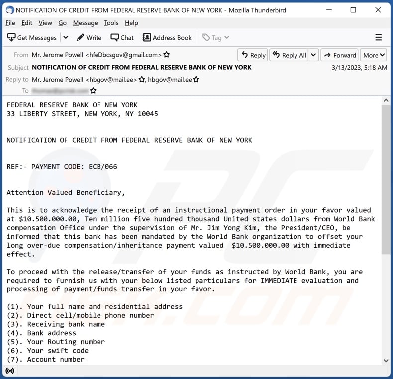 CREDIT FROM FEDERAL RESERVE BANK email spam campaign