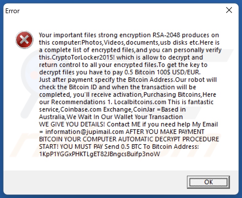Another CryptoTorLocker ransomware pop-up