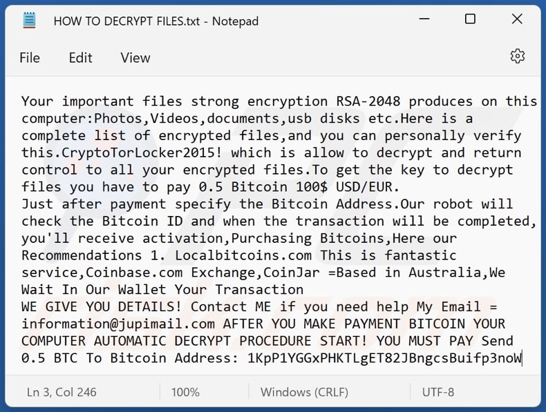 CryptoTorLocker ransomware text file (HOW TO DECRYPT FILES.txt)