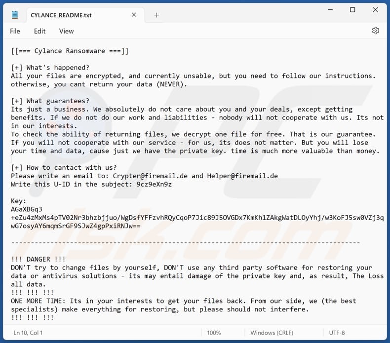 Cylance ransomware text file (CYLANCE_README.txt)
