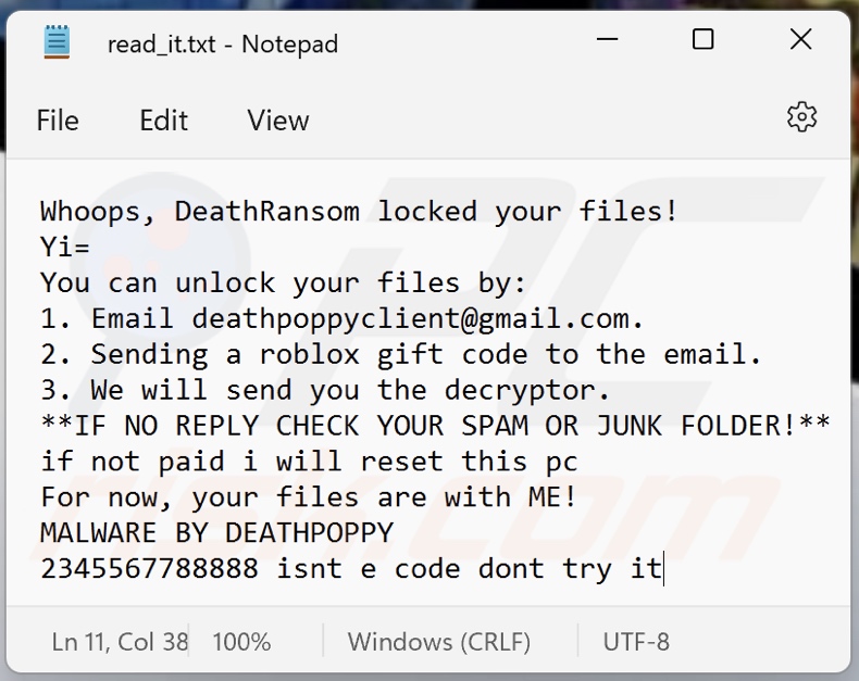 DeathRansom (Chaos) ransomware ransom note (read_it.txt)