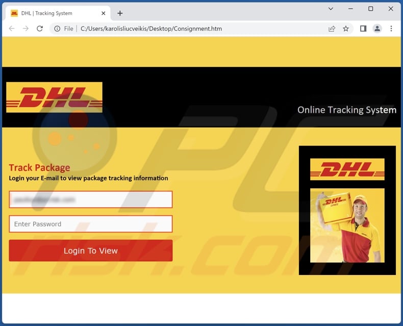 Attachment distributed by DHL - A Parcel Was Sent To You scam email (Consignment.htm - filename)