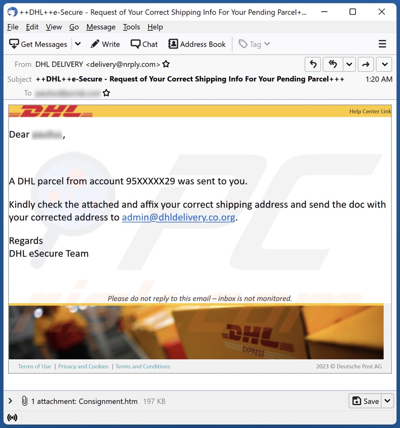 DHL - A Parcel Was Sent To You email spam campaign