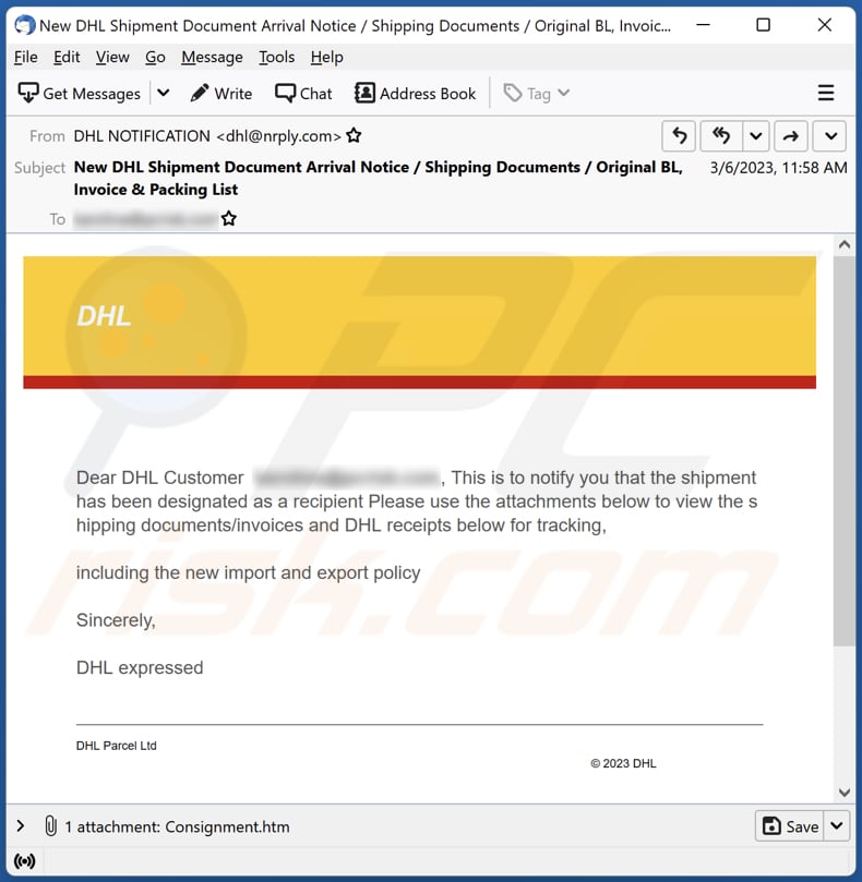 DHL - Shipment Designated email spam campaign