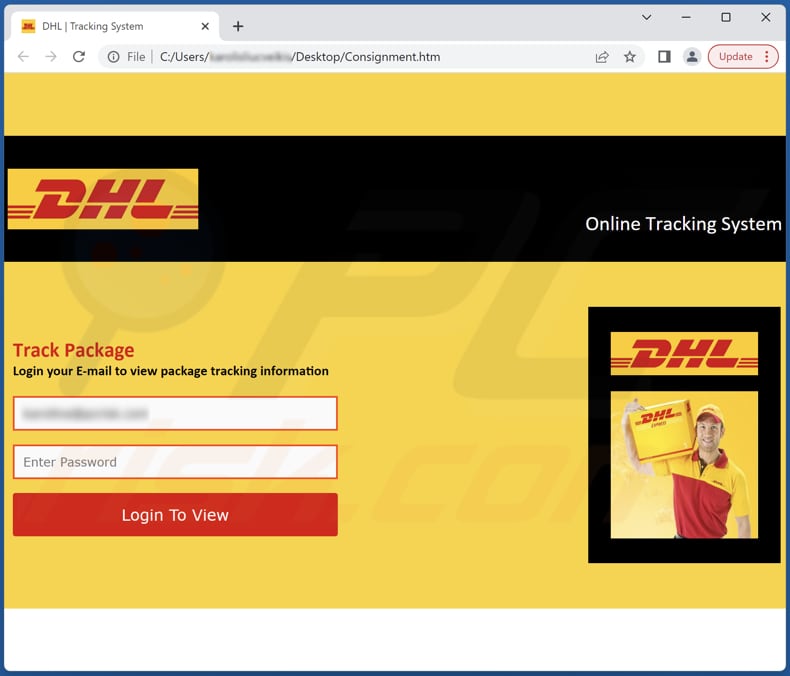 DHL shipment designated email scam phishing site