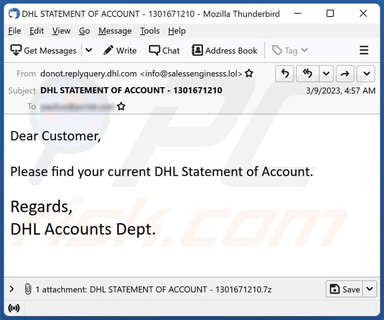 DHL Statement Of Account email virus malware-spreading email spam campaign