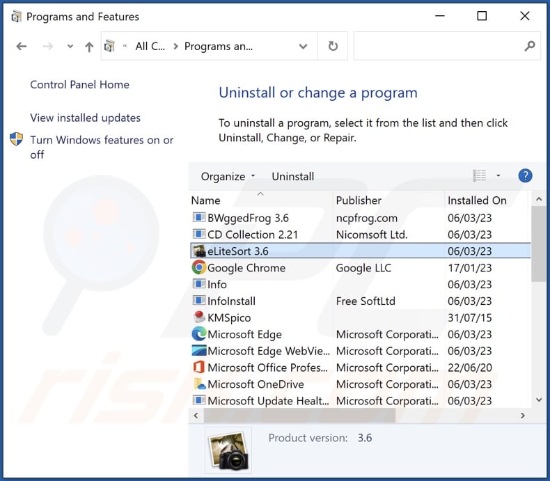 eLiteSort uninstall via Control Panel