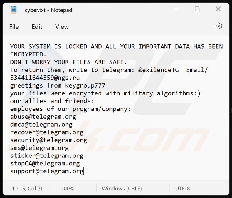 ExilenceTG ransomware text file (cyber.txt)