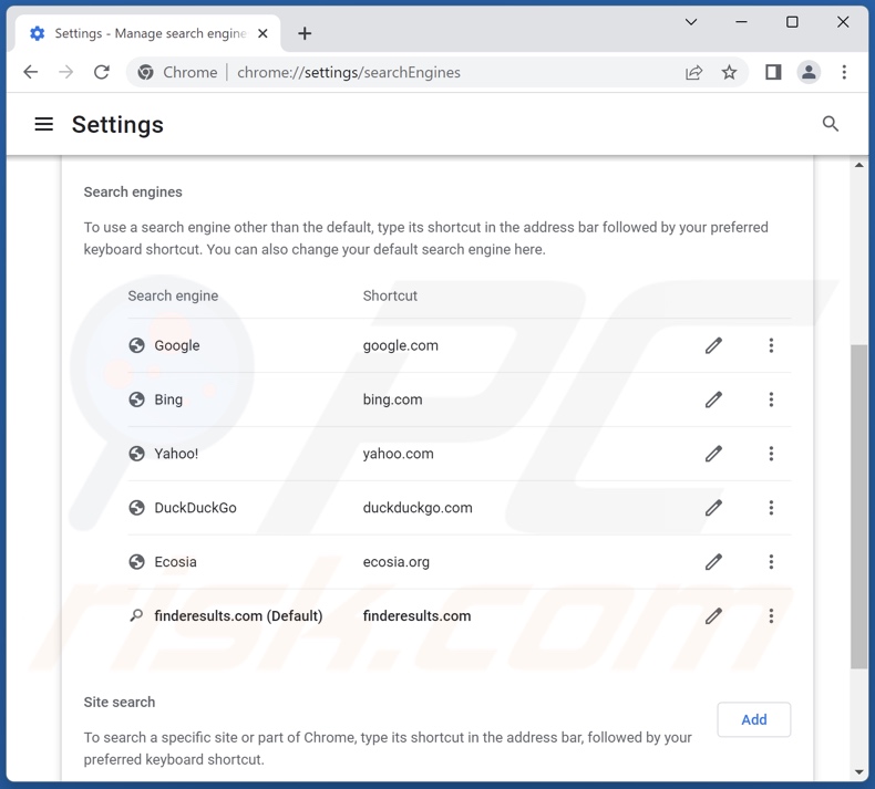 Removing finderesults.com from Google Chrome default search engine