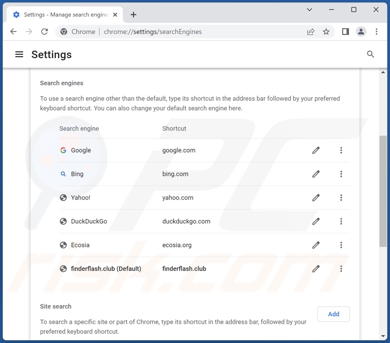 Removing finderflash.club from Google Chrome default search engine