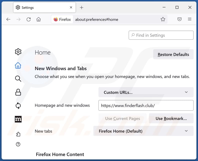 Removing finderflash.club from Mozilla Firefox homepage