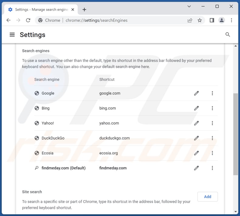 Removing findmeday.com from Google Chrome default search engine